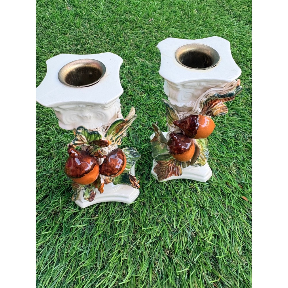 Vintage Ceramic Acorn Oak Leaf Candlestick Holders Set 2 Autumn Fall Decor Cream